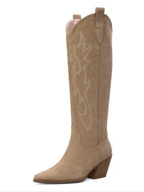 Cowgirl Boots Women Knee High Pointed Toe Block Heel, Embroidered, Nude, 7